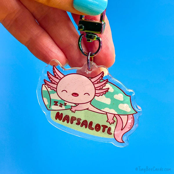 Axolotl "Napsalotl" Glitter Whimsical Acrylic Keychain