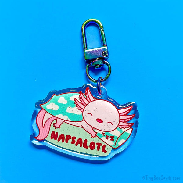 Axolotl "Napsalotl" Glitter Whimsical Acrylic Keychain