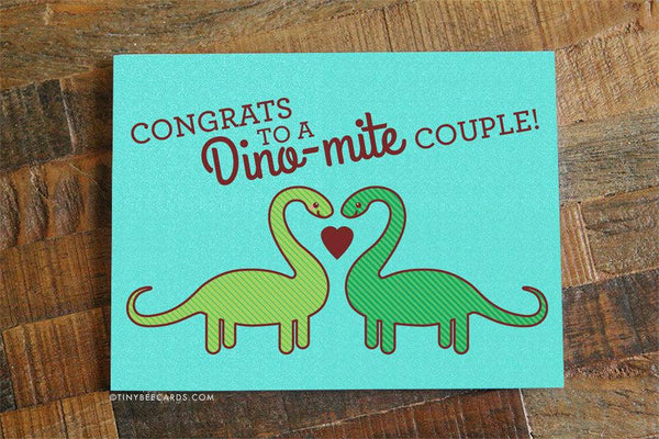Cute Dinosaur Wedding Card "Congrats to a Dino-mite Couple!"