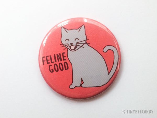 Cute Cat Magnet, Pin, or Pocket Mirror "Feline Good"-Button-TinyBeeCards