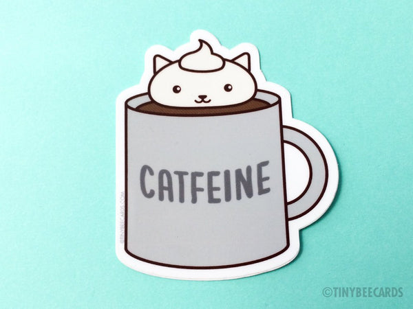 Coffee Cat Vinyl Sticker "Catfeine"-Vinyl Sticker-TinyBeeCards