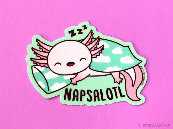 Axolotl Vinyl Sticker "Napsalotl" - love to nap, relax sticker, axolotl lover, planner laptop or water bottle sticker, gift for friend, cute