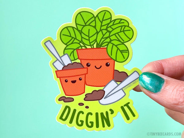 Plant Lover Vinyl Sticker "Diggin' It" - garden sticker, green thumb gift, gardener decal, houseplants, waterproof sticker, gift for friend