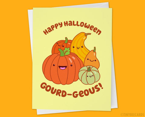 Gourd Halloween Card "Happy Halloween Gourd-geous!" - cute kawaii pumpkin, card for friend, spooky season, fall autumn cards, spoopy cute