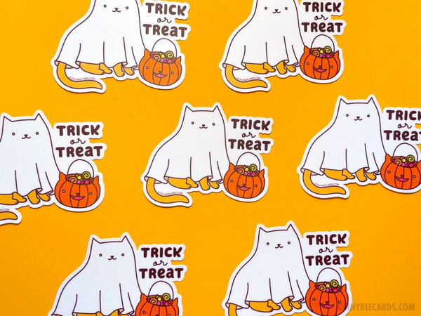 Trick or Treat Cat Vinyl Sticker - halloween cat, spooky season, kids sticker, water bottle decal, ghost costume cat, laptop journal car