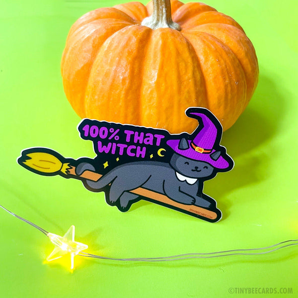 Witch Cat Vinyl Sticker "100% That Witch" - spooky season magic, cat lover gift, kawaii cat, laptop or tumbler decal, Halloween black cat