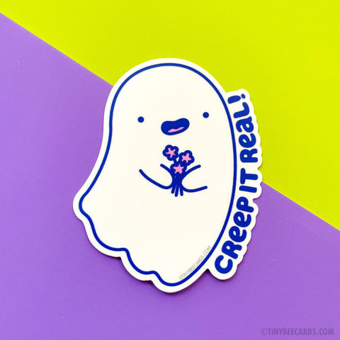 Cute Ghost Vinyl Sticker "Creep It Real!" - kawaii ghost, cute halloween decal, goth floral cute spooky, laptop water bottle sticker