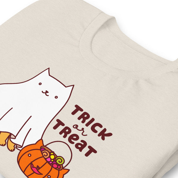 Cat Trick or Treat Tee - halloween shirts, funny t-shirt, graphic tees, men's women's shirts, retro halloween, cat lover gift, ghost costume