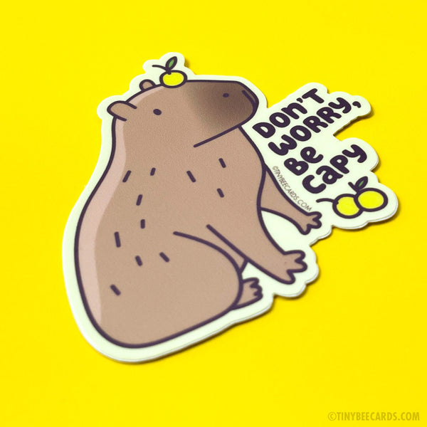 Capybara Sticker "Don't Worry, Be Capy" - vinyl sticker, be happy, capybara with yuzu, tumbler sticker, dishwasher safe, animals, positivity