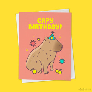 Capybara Birthday Card "Capy Birthday" - animal lover card, capybara with yuzu, funny birthday card for friend, happy birthday animal lover