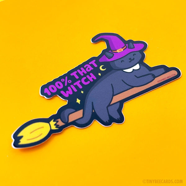 Witch Cat Vinyl Sticker "100% That Witch" - spooky season magic, cat lover gift, kawaii cat, laptop or tumbler decal, Halloween black cat