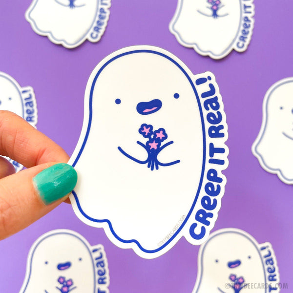 Cute Ghost Vinyl Sticker "Creep It Real!" - kawaii ghost, cute halloween decal, goth floral cute spooky, laptop water bottle sticker