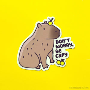 Capybara Sticker "Don't Worry, Be Capy" - vinyl sticker, be happy, capybara with yuzu, tumbler sticker, dishwasher safe, animals, positivity