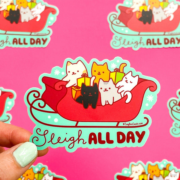 Christmas Cat Vinyl Sticker - Sleigh All Day