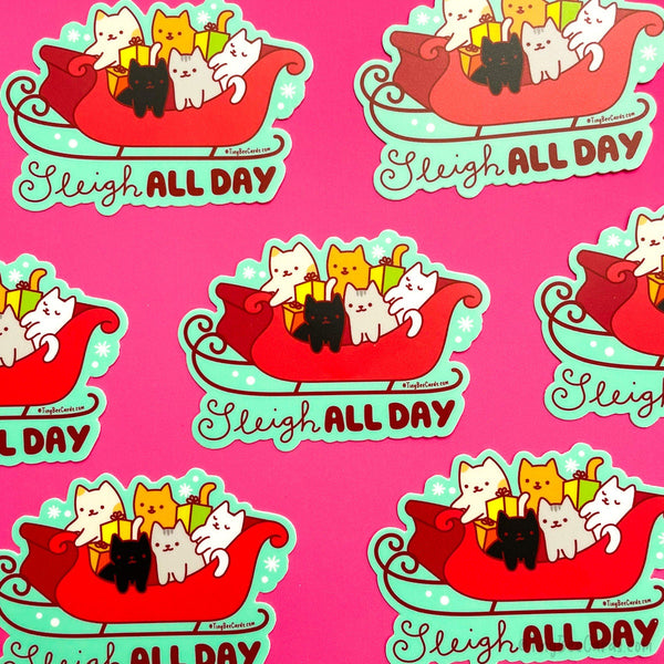 Christmas Cat Vinyl Sticker - Sleigh All Day