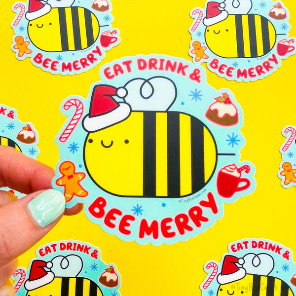 Cute Bee Christmas Vinyl Sticker - Eat Drink and Bee Merry - Water Bottle Laptop Decal