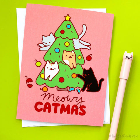 Cat Lover Christmas Card "Meowy Catmas" - Funny Cats Destroying Christmas Tree Greeting