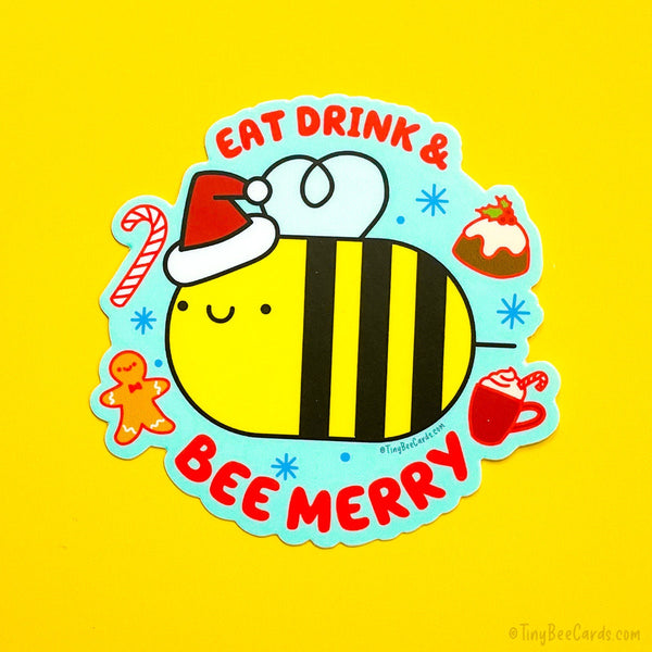 Cute Bee Christmas Vinyl Sticker - Eat Drink and Bee Merry - Water Bottle Laptop Decal