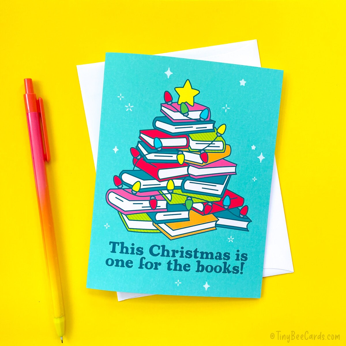 Book Lover Christmas Card "One for the Books" - Bookworm and Reading Fans Greeting