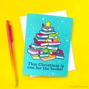 Book Lover Christmas Card "One for the Books" - Bookworm and Reading Fans Greeting