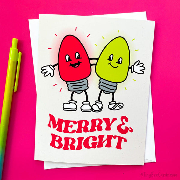 Retro Christmas Lights Card "Merry and Bright" - Cute Vintage Holiday Greeting