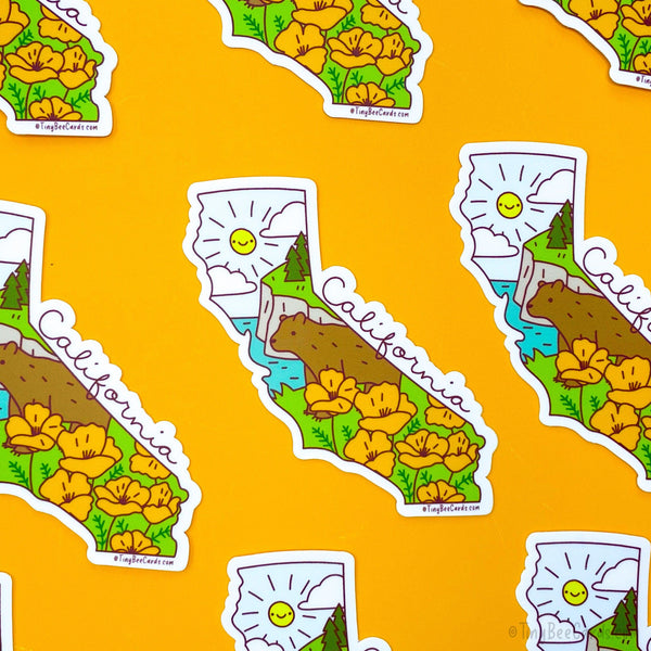 California State Vinyl Sticker - golden poppies, CA bear, cute sticker for water bottle laptop planner notebook, small gift