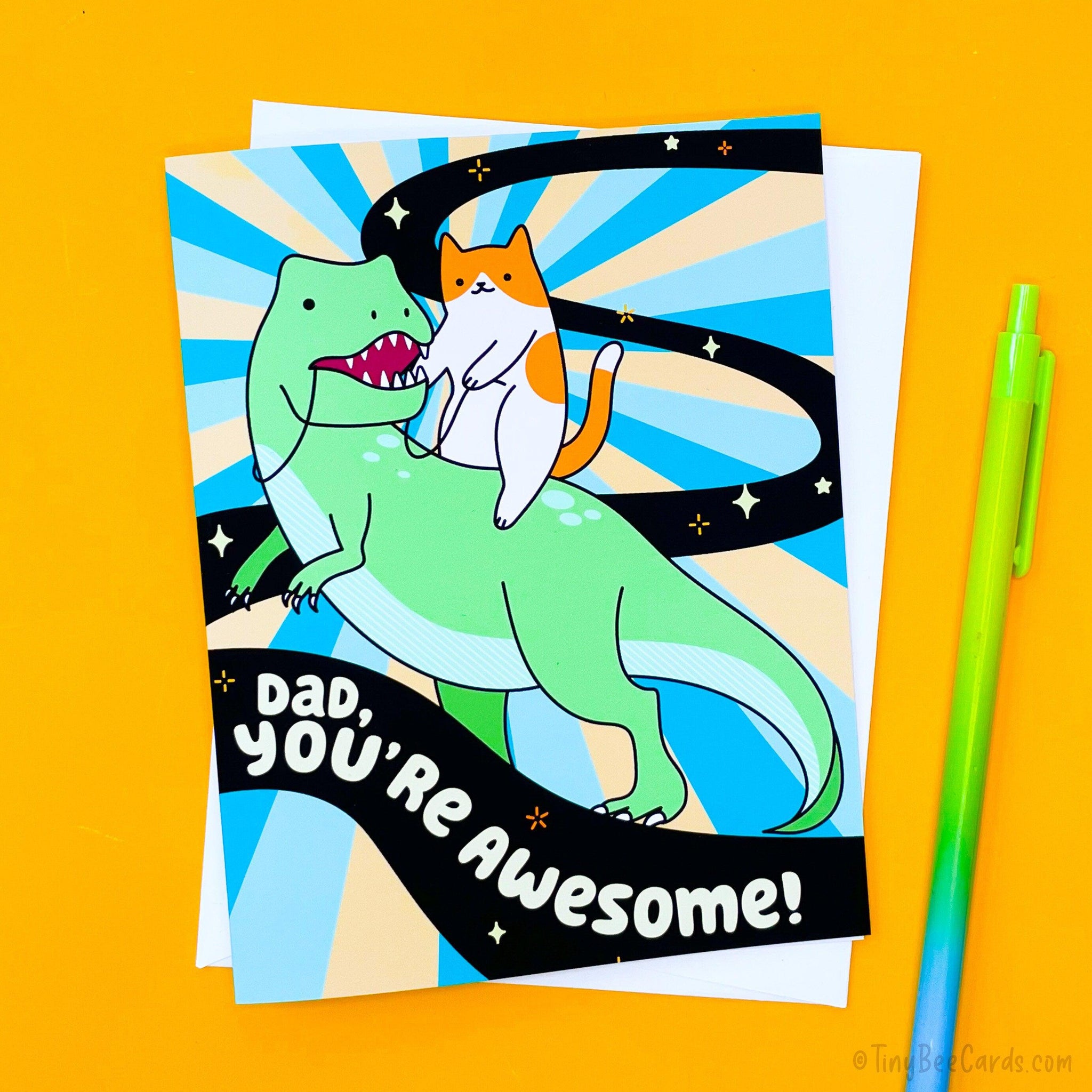 Cat Riding T-Rex Dinosaur Father's Day or Birthday Card "Dad, You're Awesome"
