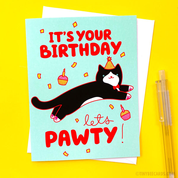 Tuxedo Cat Birthday Card - Let's Pawty!