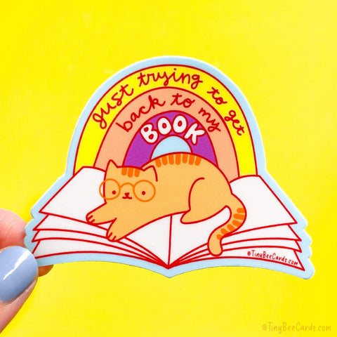 Reading Cat Vinyl Sticker "Just Trying to Get Back to My Book" Book Lovers Water Bottle or Laptop Decal