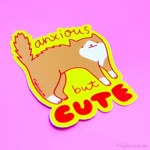 Anxious But Cute Cat Vinyl Sticker - Mental Health Anxiety Water Bottle Decal
