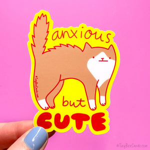 Anxious But Cute Cat Vinyl Sticker - Mental Health Anxiety Water Bottle Decal