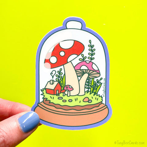 Mushroom Terrarium Vinyl Sticker - Cozy Cute Cottagecore Fairy House and Plants