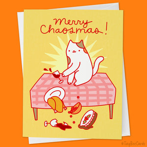 Bad Cat Christmas Card "Merry Chaosmas!" - Cute Cat Knocking Stuff Over