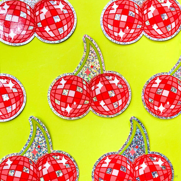 Cherry Disco Balls Glitter Vinyl Sticker