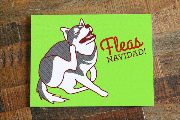 Funny Dog Christmas Card &quot;FLEAS Navidad&quot; - Dog Holiday Card, pun card, happy holidays card, funny xmas card, dog lover card, husky lover
